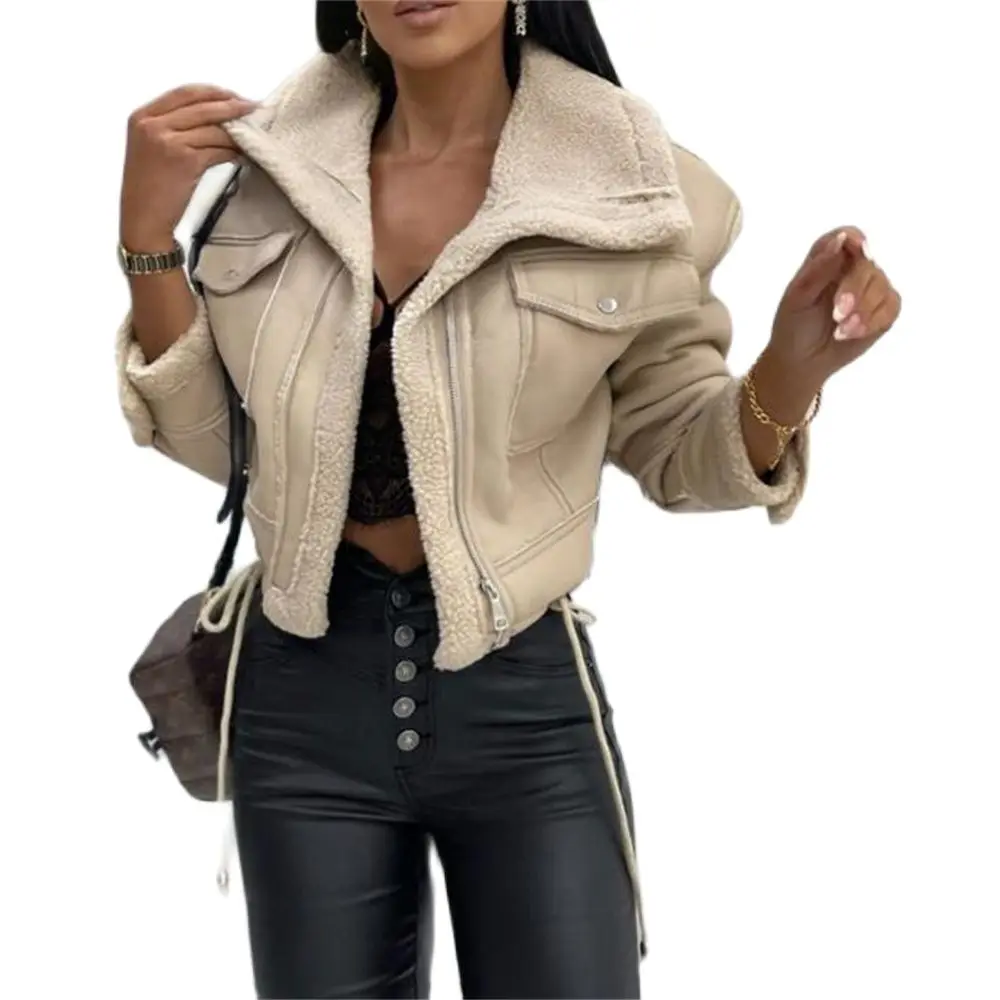 

Women PU Patchwork Warm Plush Jacket Fashion Winter Long Sleeve Zipper Short Coats Streetwear with Pockets Outwear