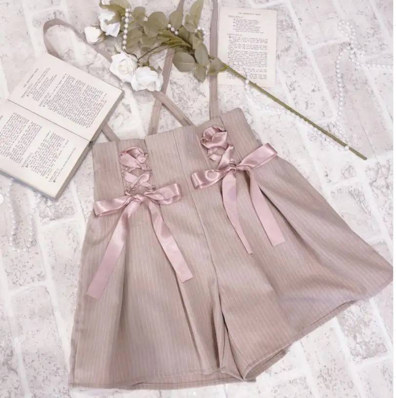Lolita Cute Slim-Fit Sweet Pink Suspender Short Pants Women Lace-up Bow Elastic High Waist Shorts 2023 New Spring Summer Shorts