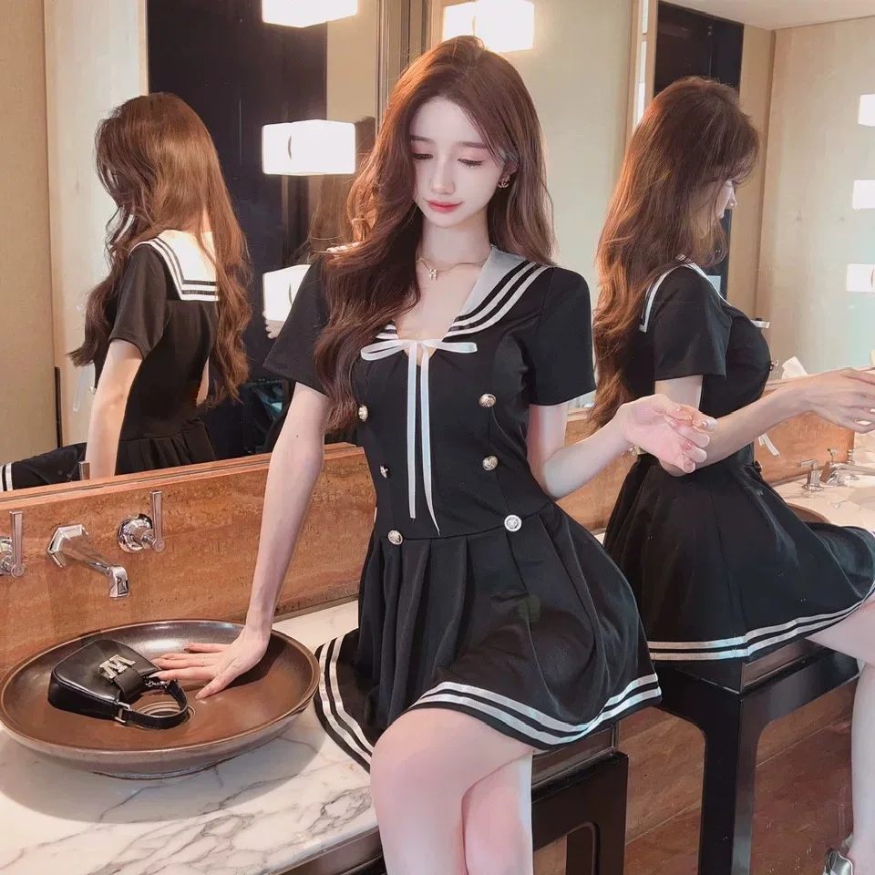 Японское корейское двубортное платье женское элегантное милое в матросском