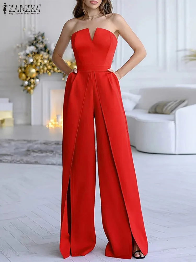 

ZANZEA Split Wide Leg Pant Summer Women Solid Jumpsuits Bohemian Holiday V-Neck Sleeveless Off Shoulder Floor Length Romper 2022