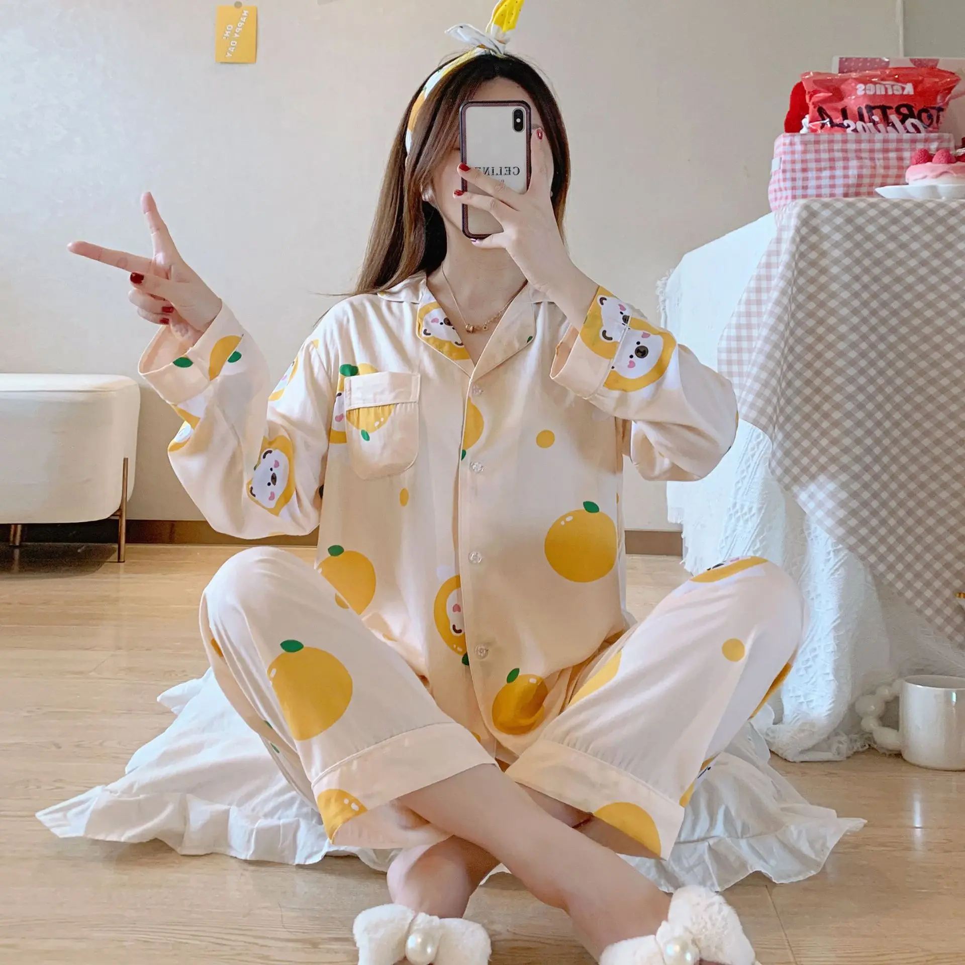 Pajamas Spring and Autumn Cotton Long Sleeve New Lapel Loose Thin Women's Home Wear Two-Piece Suit