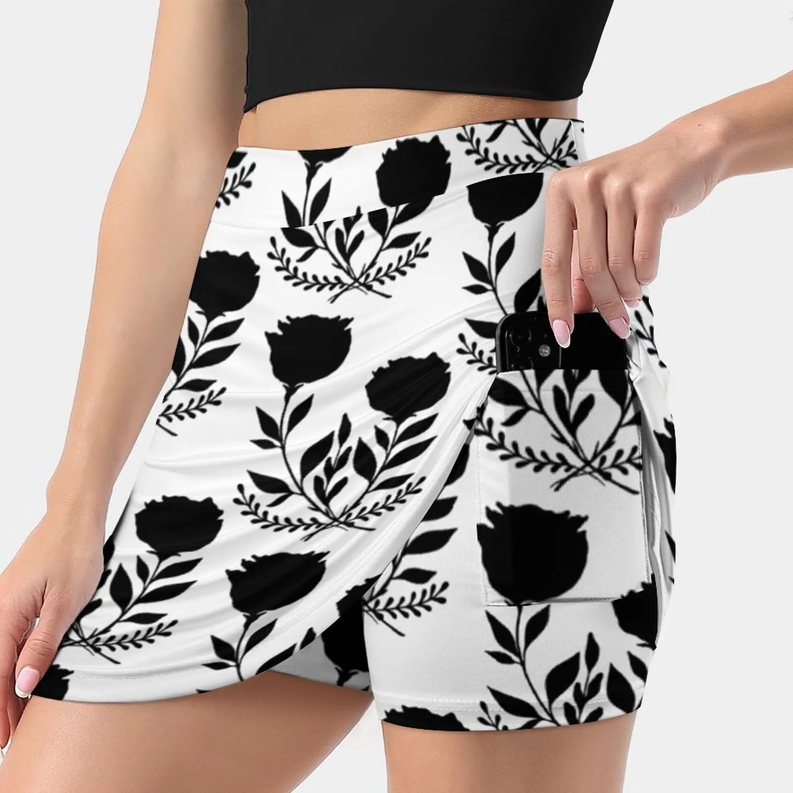 

Black Roses Summer Women'Sshorts Skirt 2 In 1 Fitness Yoga Skirt Tennis Skirts Floral Pattern Botanical Tattoo Black And White