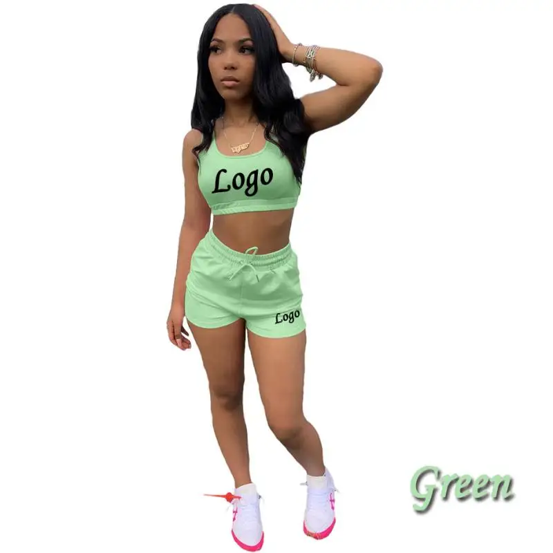 Summer Custom Logo/Text Brand Women's Shorts Set Cropped Top Sports Vest+Pocket Drawstring Shorts Two-piece Tracksuit Outfits