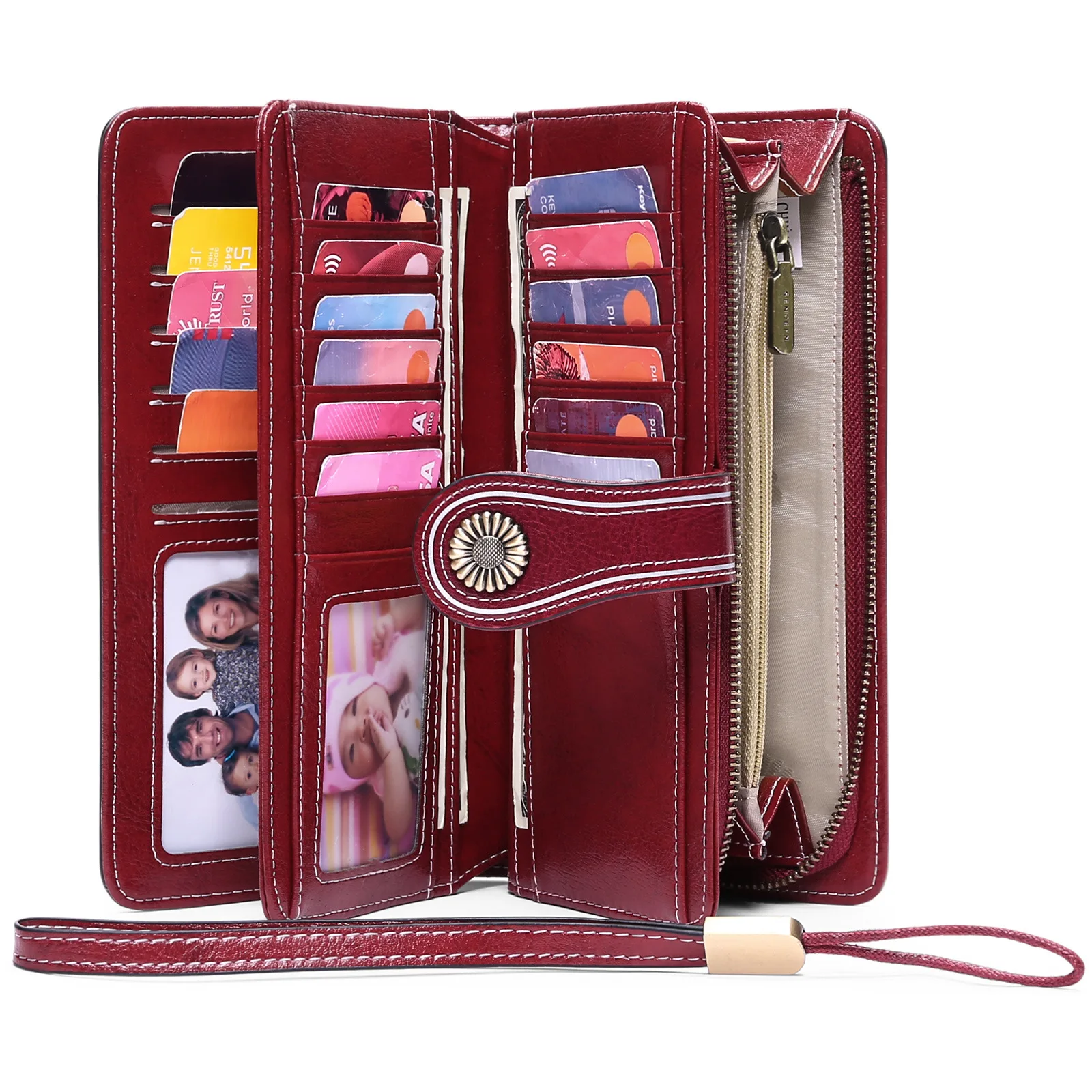 

Dropshipping oil wax cowhide ladies large capacity leather long wallet women's banknote clip coin purses female card holder