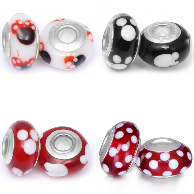 

Fit Original Pandora Black Red Minnie Dots Spacer Charms Bracelet Women Disney Mickey Mouse Murano Glass Beads For Bijoux Making