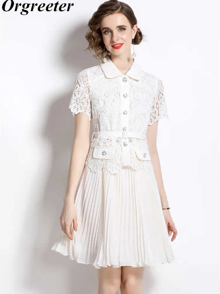 

Элегантный комплект из двух предметов для женщин, шикарный комплект из блузки и плиссированной шифоновой юбки с вырезами и поясом, женская ...