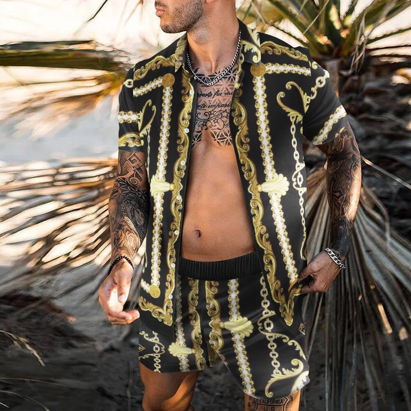 

New Summer Shirt Sets Luxury Golden Chain 3D Print Men's Set Fashion Hawaiian Couple Outfit Casual Men Women Two Piece Set