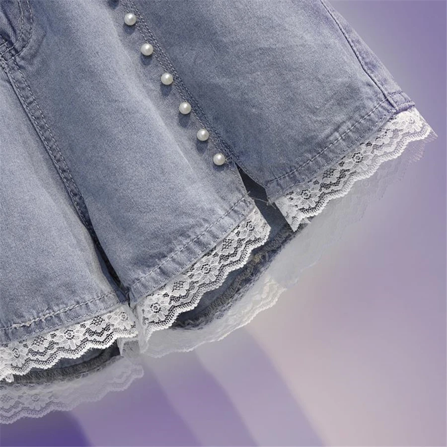 High Waist Beading Lace Eans Shorts Summer Wigh Leg Denim Short Fashion Pantalones Cortos Oversize 5xl Baggy Vaqueros Blue Pants