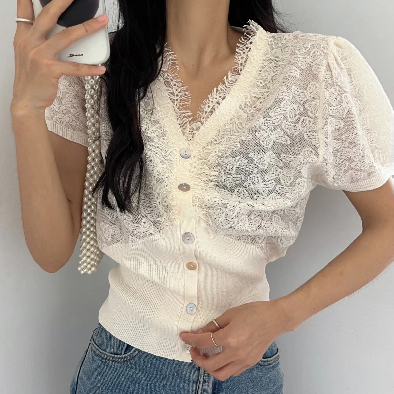 Neploe модные винтажные вязаные топы с v-образным вырезом Lcae Mujer 2024 новые летние