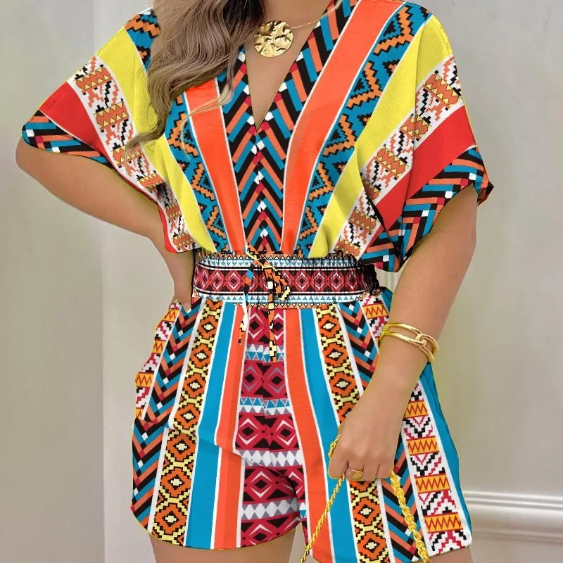 

Комбинезон женский с коротким рукавом, V-образным вырезом и принтом