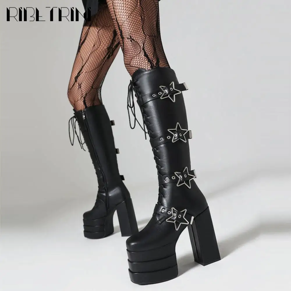 Женские мотоциклетные сапоги до колена на высоком каблуке со шнуровкой и пряжкой