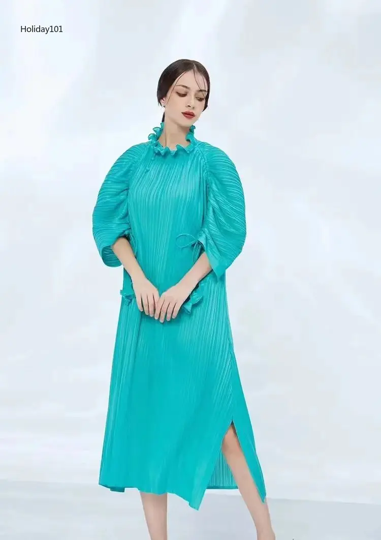 

Retro Pleated Dress 2023 Summer Women Turtleneck Half Sleeves High Waist A-line Split Dresses Female Clothing