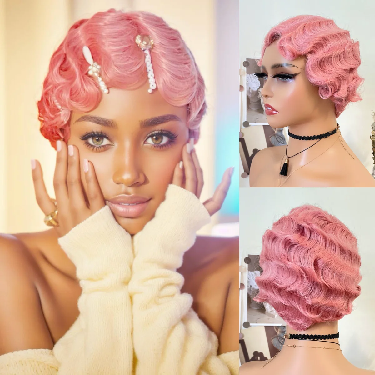 CUZ из ВОЛОС Розовый Парик с волнистыми пальцами Синтетический цвет Короткие