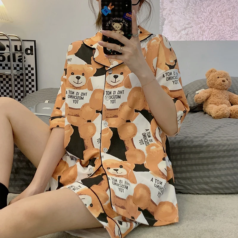 Plus Size Summer Pajamas Women Sleepwear Lapel Cotton Pajama Set Loose Version Nightgown