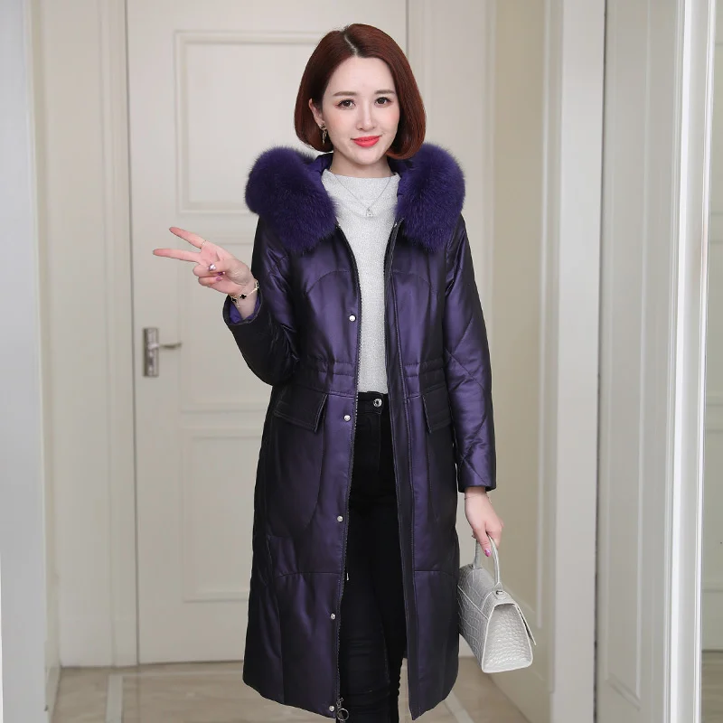 

2023 Real Sheepskin Leather Jackets Women 90% White Duck Down Women's Coats Fox Fur Collar Hooded Coat Female Cuero Genuino Zjt2