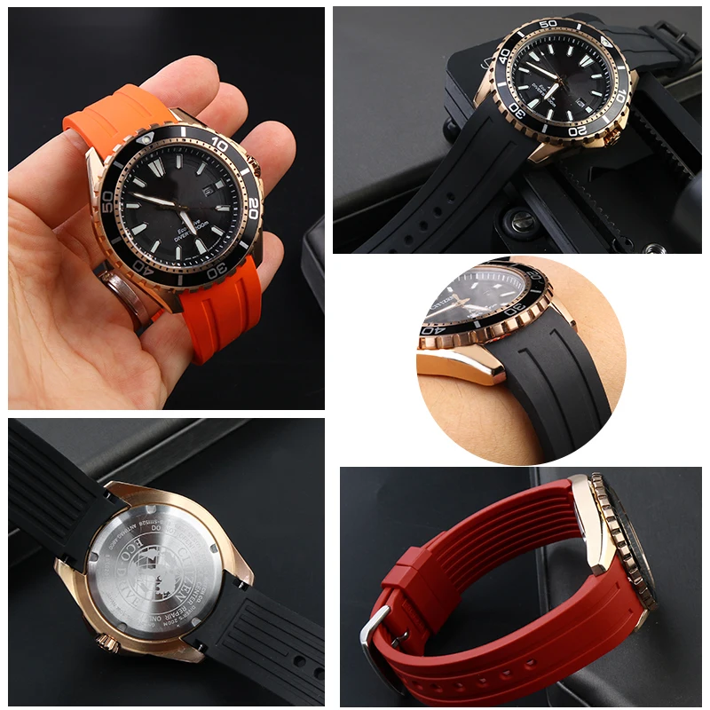 22mm Rubber Curved Watch Strap for Citizen Light Kinetic Energy BN0190 BN0191-80LBN-17E Diving BN0193 Men's Silicone Watchband
