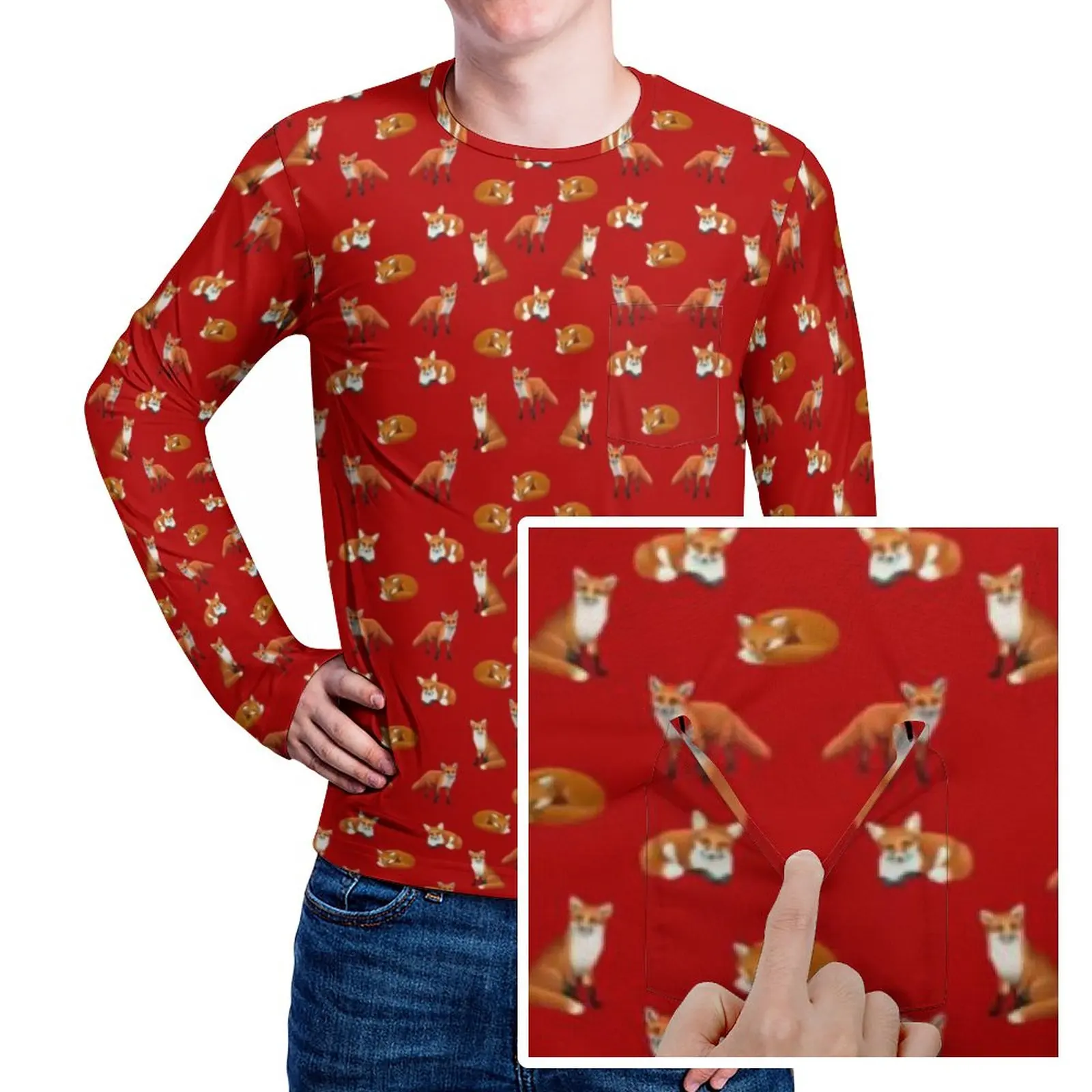 

Футболка с маленькой красной лисой, мужские футболки с принтом дикой природы, осенняя Новинка, футболка с длинным рукавом, Одежда большого размера на заказ