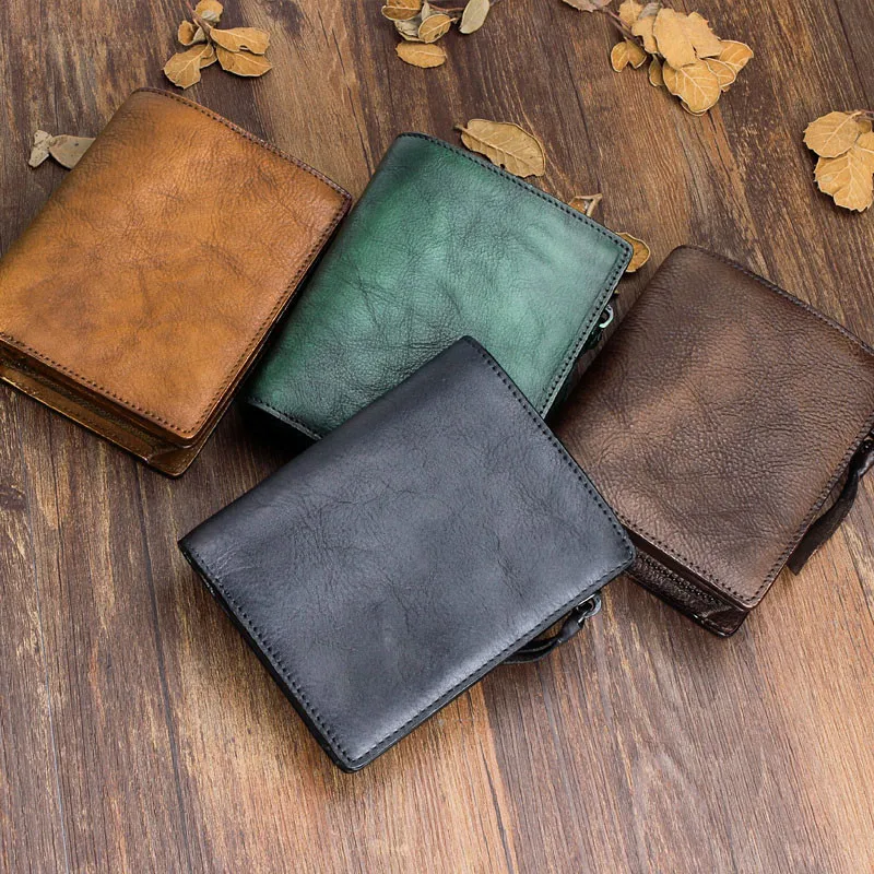 Vintage fashion handmade designer first layer cowhide genuine leather wallet simple casual outdoor short purse for men women