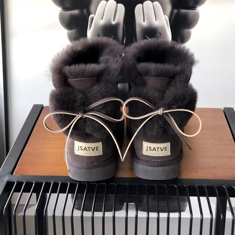 Женские ботинки высокого качества зимние сапоги с милым бантом из натуральной