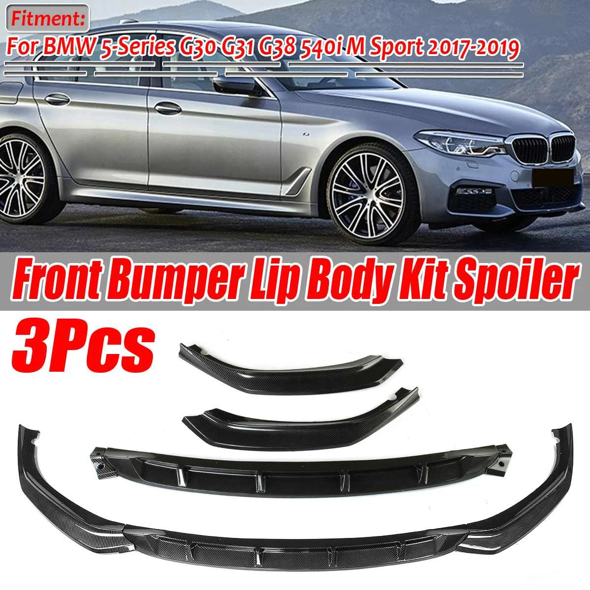 

New 3pc Car Front Bumper Lip Splitter Diffuser Body Kit Spoiler Bumper Guard Protector For BMW 5-Series G30 G31 G38 540i M Sport