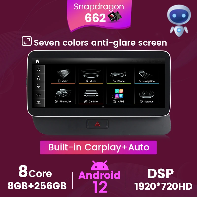 

RHD Android 12 автомагнитола для Audi Q5 8R 2009-2017 8G+256G Snapdragon 662 GPS Навигация Мультимедийный плеер Встроенный беспроводной Carplay WiFi RDS FM