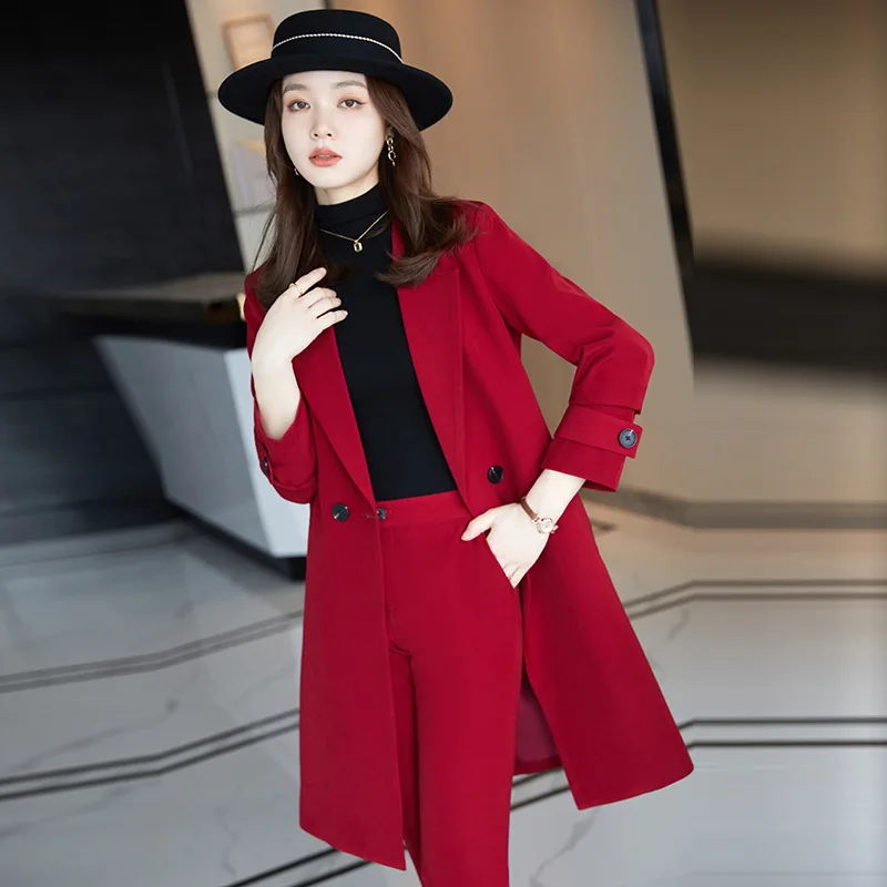 IZICFLY High Quality New Style Autumn Winter Elegant Slim Business Office Blazers Pant Sets Women Work Wear Long Windbreaker