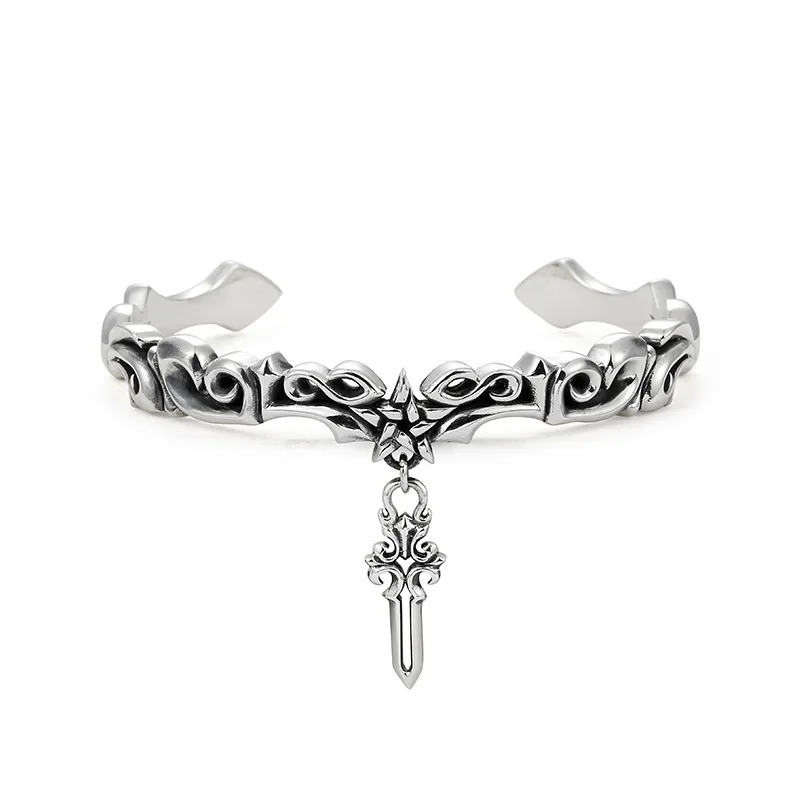 

Luxury S925 Vintage Thai Silver Men's Bracelet Jewelry, Pentagram Cross Pattern Personalized Ladies Couple Bracelet Jewelry