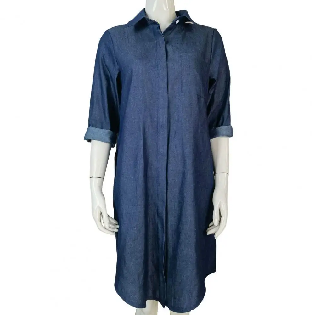 

Midi Dress Loose Casual Dress Solid Color Single Breasted Denim Midi Dress
