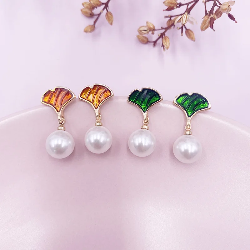 

LOVOACC Retro Green Orange Enamel Ginkgo Biloba Drop Earrings for Women Gold Color Metal Faux Pearl Long Dangle Earrings Gifts