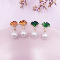 lovoacc retro green orange enamel ginkgo biloba drop earrings for women gold color metal faux pearl long dangle earrings gifts