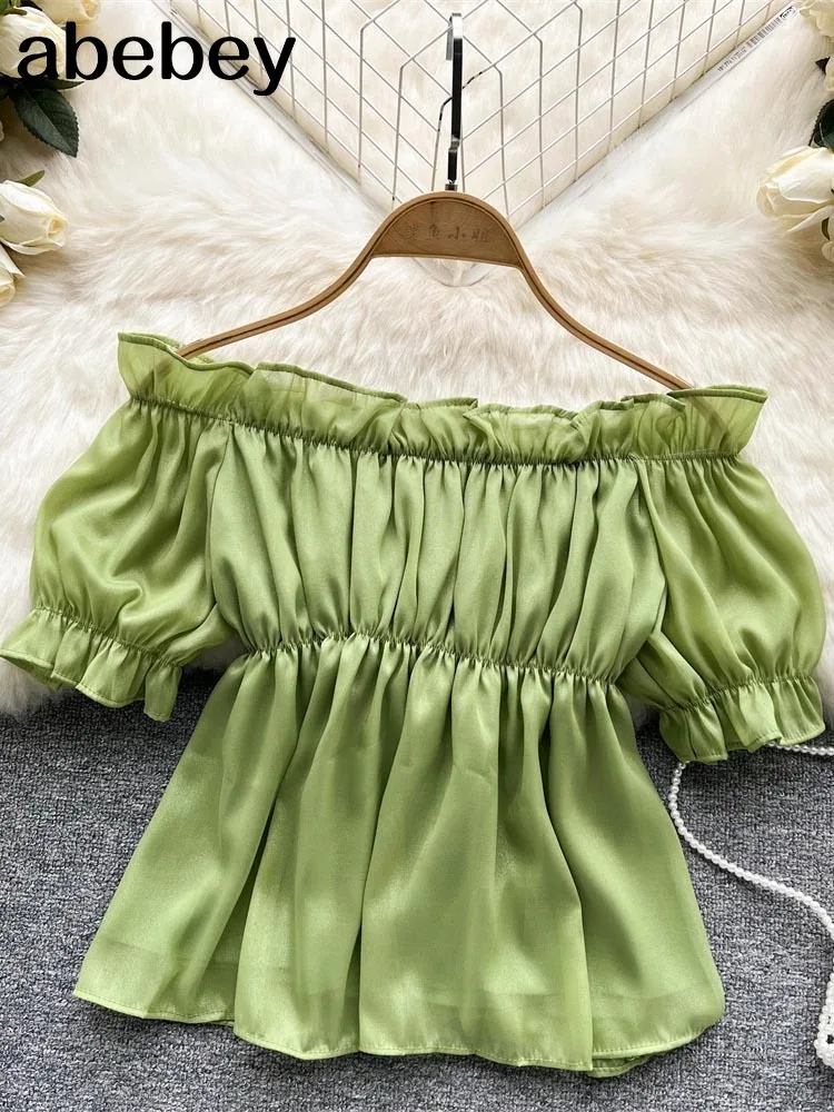 

Summer Tank Beach Women Crop Top Ruched Pullover Elastic Waist Off Shoulder Sexy Strapless Holiday Club Short Sleeve Casual