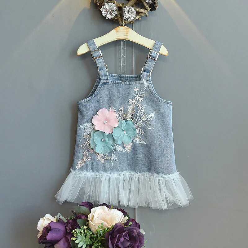 

Spring Summer America Style Girls Fashion Denim Dress Sweet Baby Girl Clothes Applique Mesh Suspender Dresses For Kids 2-6Y