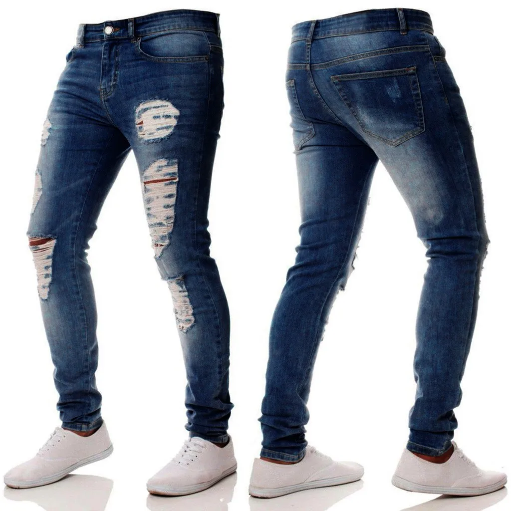 

Men Slim Zipper Denim Jeans Frayed Pants Distressed Trousers Pants