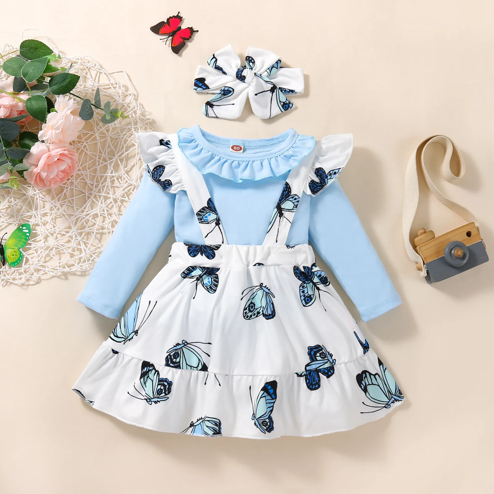 

Baby Girl Clothes Children's Clothing Toddler Ruffle Bodysuit Butterfly Print Headband + Suspender Skirt 3PCS Set Infant Outfits