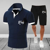 summer new mens king logo letter printing all match polo suit solid color trend must have loose 2 piece set