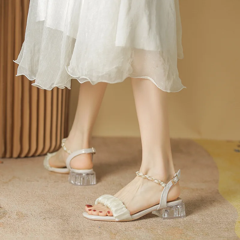 Sandals Women Summer New Crystal Thick Heel Fairy Wind Sandals Women Fold Clouds Buckle Sandals Women Shoes 41-4