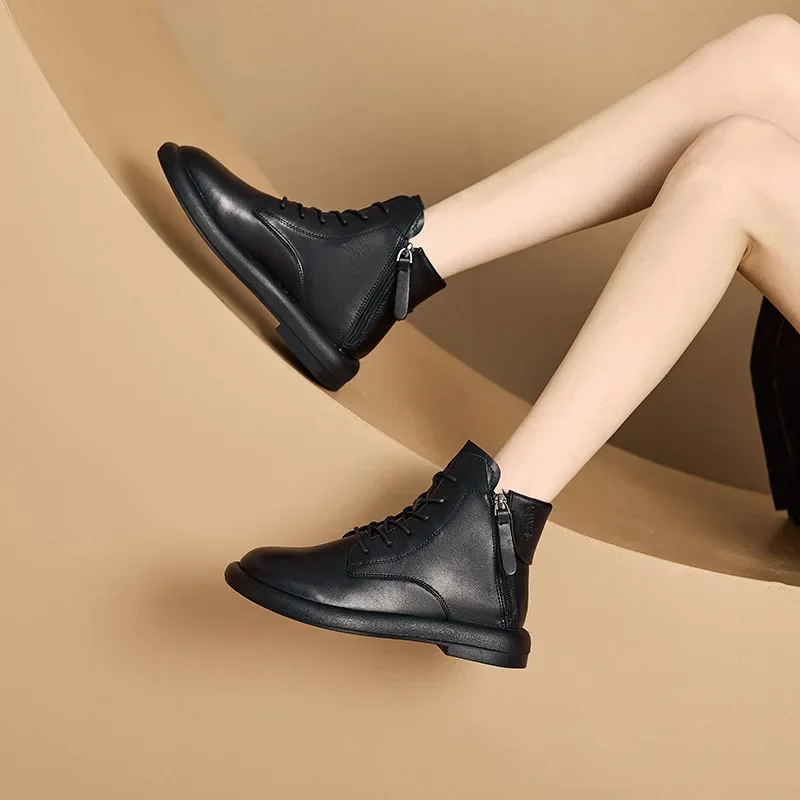 

Luxury Women's Vintage Boots Autumn Winter New Genuine Leather Korean Zipper Short Boots Fashion Flat Bottom Casual Shoes