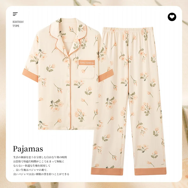 2023 New Summer Pure Cotton Women Pajama Sets Short Sleeve Long Pants All Cotton Lapel Loungewear Sleepwear Thin Two-piece Set