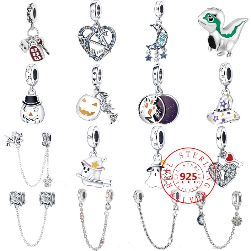 

925 Sterling Silver All Saints' Day Ghost Love Beads Safety Chain Pendant Fit Pandora Original Charms Bracelet DIY Women Jewelry