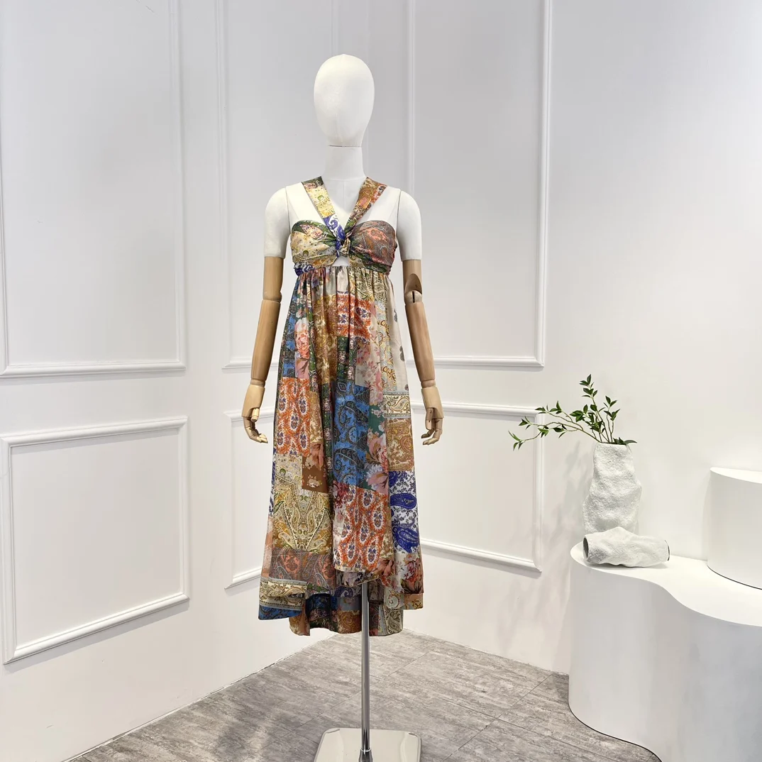 

Новое поступление 2023, асимметричное платье миди с цветочным принтом, без бретелек, с регулируемым воротником и лямкой через шею
