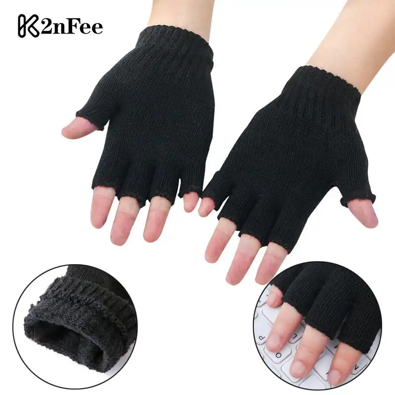 

1Pair Black Half Finger Fingerless Gloves Wool Knit Wrist Cotton Gloves Winter Warm Workout Gloves For Women And Men