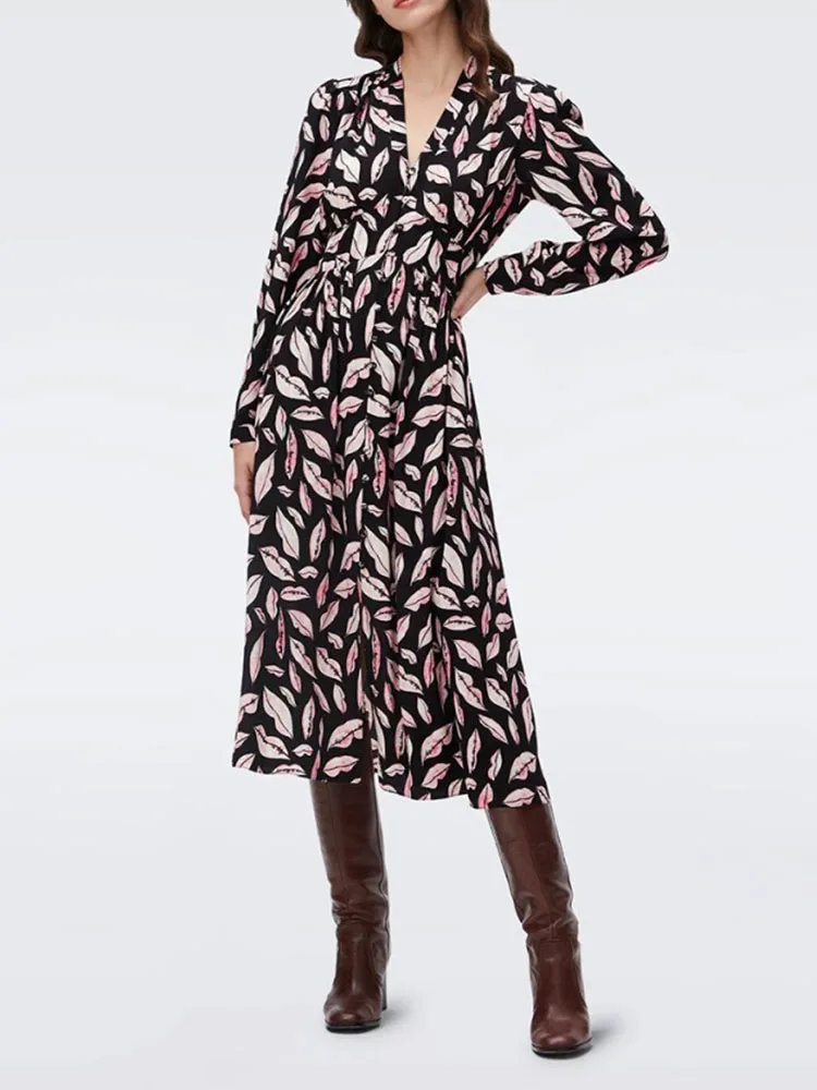 

Женское весенне-летнее платье, однобортное платье средней длины с принтом Love Red Lips, с эластичной талией на спине, 2023