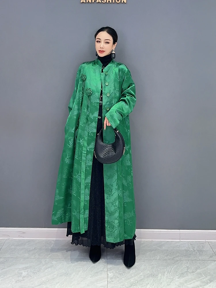 

SuperAen осень 2023 Новый китайский стиль цветок длинный кардиган оверсайз тяжелая промышленность однобортное зеленое пальто с длинным рукавом