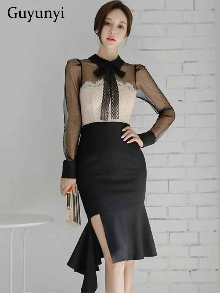 

Elegant Party Dress Bow Neck Black Mesh Full Sleeve Lace Stitching Tight Fitting High Waist Line Irregular Hem Temperament Dress