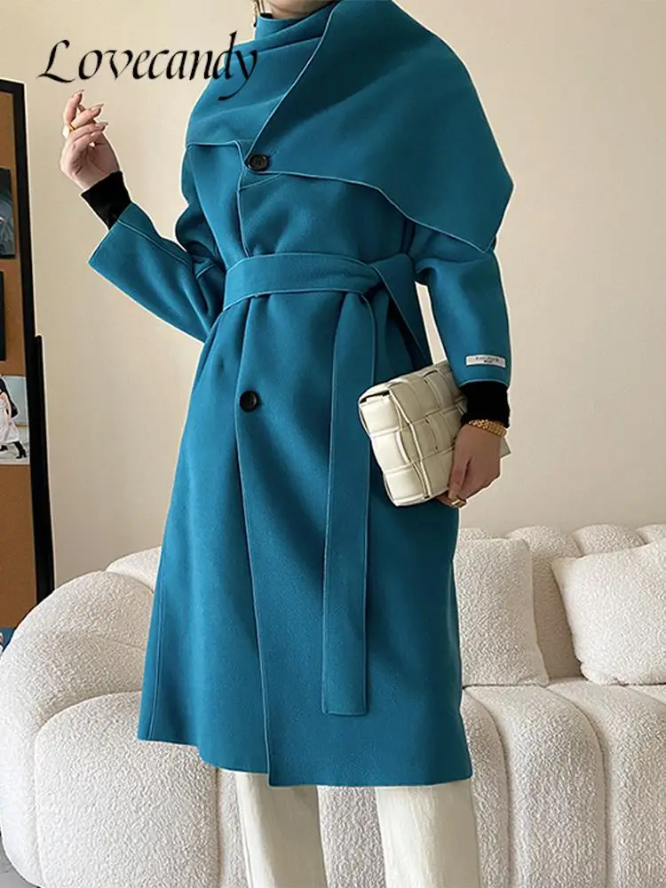 Fashion Scarf Collar Wool Blends For Women Long Sleeve Double Breasted Belt Overcoat Coat Ladies Autumn Winter Street Coats