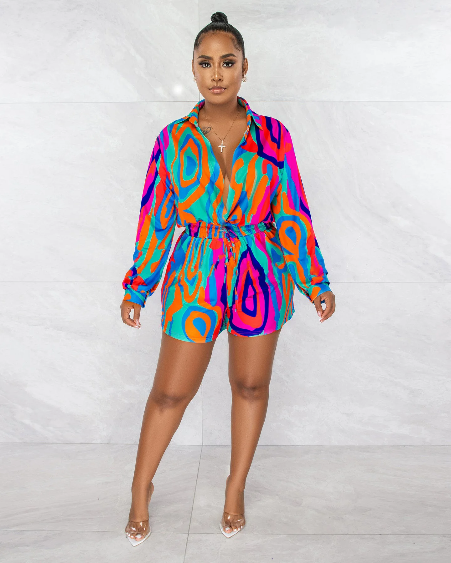 

Casual Print Straight One Pieces Rompers Fashion Women Long Sleeve Playsuit Night Clubwear Short Jumpsuit Outfits