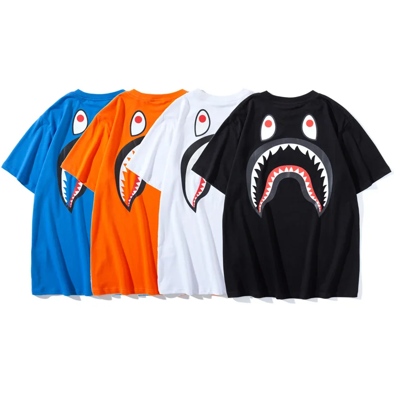 

Мужская и женская футболка с коротким рукавом BAPE на липучке с логотипом акулы летняя модная футболка