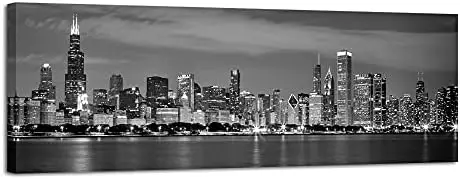 

New York Manhattan Night View in Black and White Giclee Canvas Prints Modern Stretched and Framed work Cityscape Pictures Paint