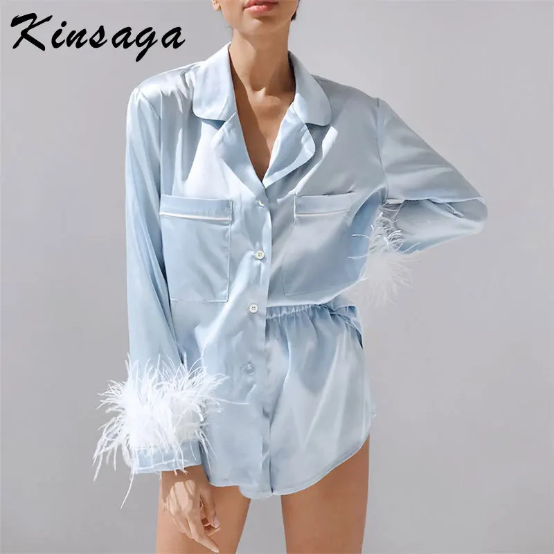 

Повседневный розовый атласный домашний костюм, женская Свободная рубашка с длинным рукавом, комплект из 2 предметов с шортами, женская мода,...