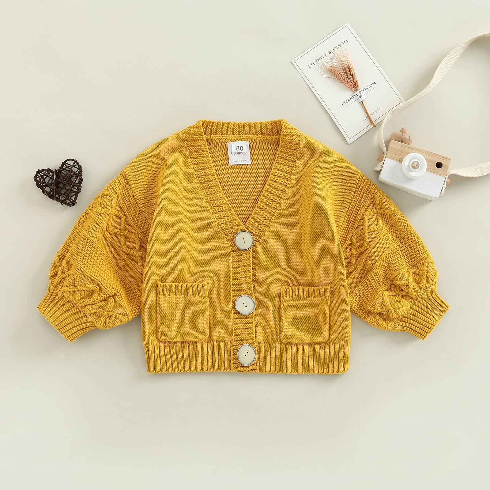 

TR New Autumn Toddler Kids Girls Winter Knitted Coat Yellow Long Sleeve V Neck Button Knitwear Clothes